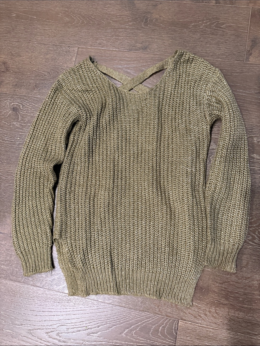 Women's Olive Green Knit Sweater with Crisscross Back
